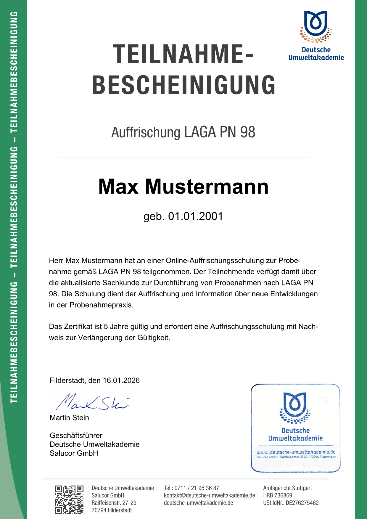 Teilnahmebescheinigung der Auffrischung LAGA PN 98 von Max Mustermann