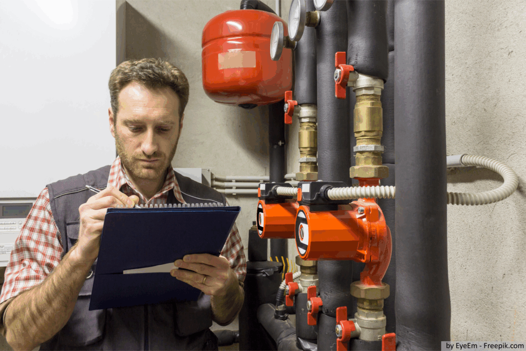Trinkwasserinstallateur kontrolliert den hydraulischen Abgleich.