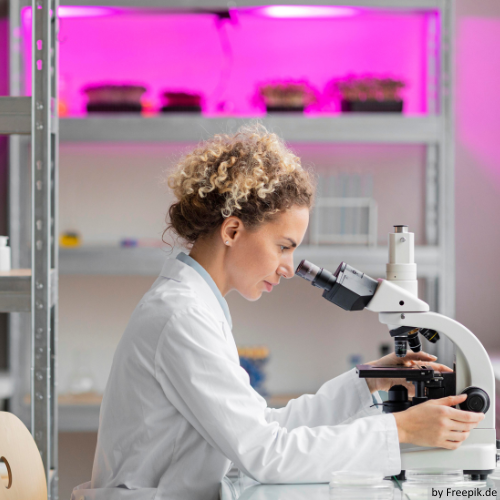 Medizinische Technologin an einem Mikroskop.