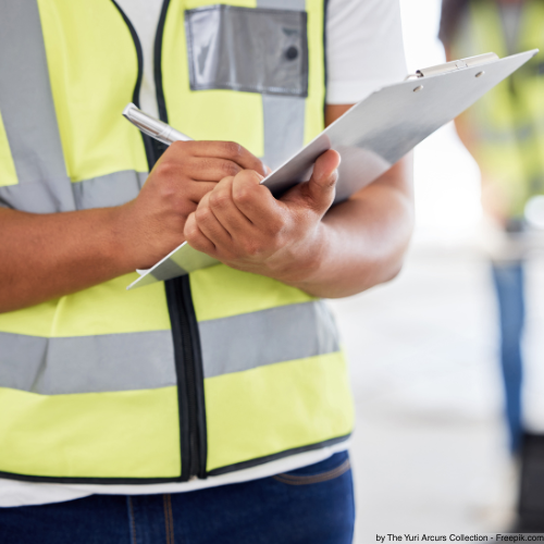 Ein Sicherheitsbeauftragter in Warnweste mit einem Protokoll.