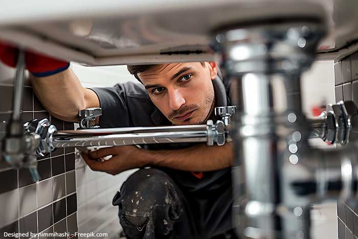 Mann schaut unter Waschbecken auf die Rohre