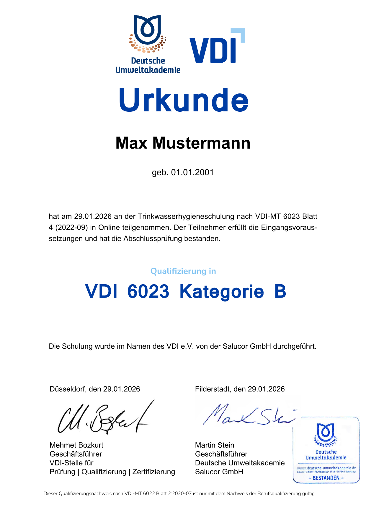 VDI Urkunde 6023 Kat. B von Max Mustermann