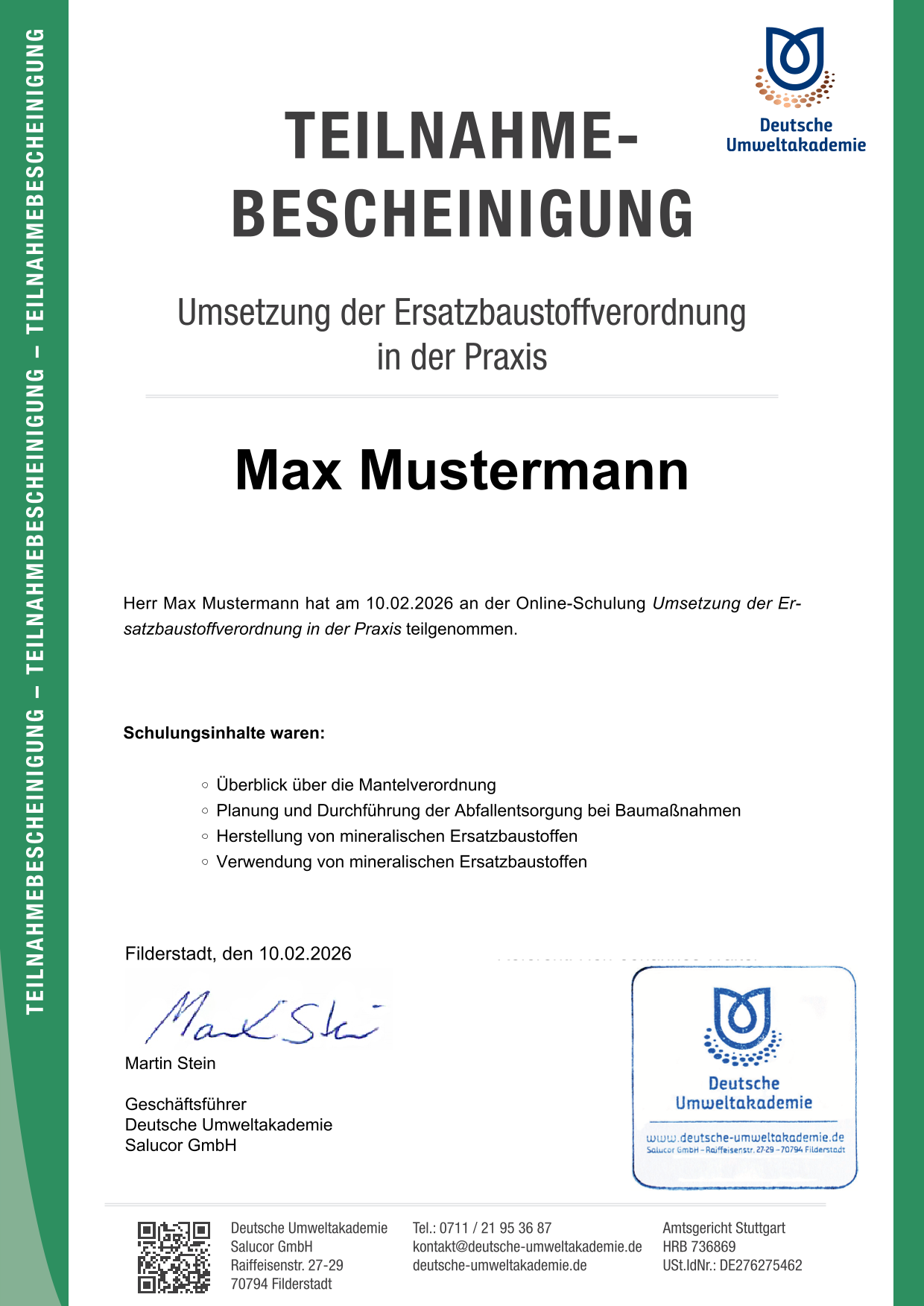 Teilnahmebescheinigung der Umsetzung der Ersatzbaustoffverordnung in der Praxis von Max Mustermann
