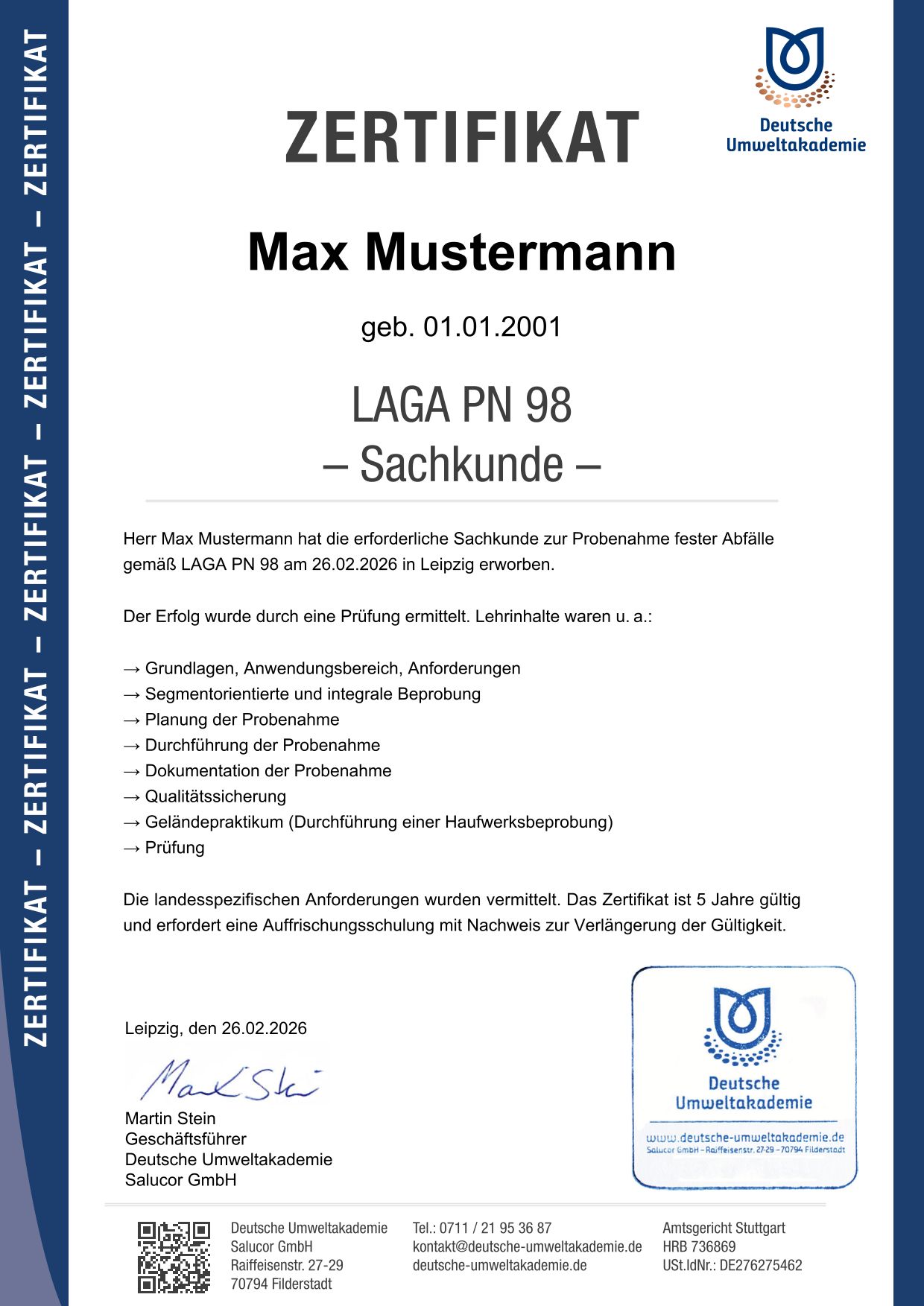 Zertifikat LAGA PN 98 Schulung von Max Mustermann