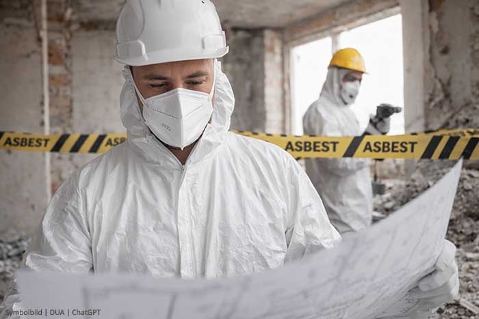 Mann schaut in Plan bezüglich Arbeitsschutz bei Asbest