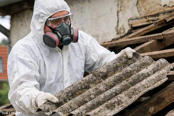 Mann in Schutzkleidung mit entsprechender Maske, der gerade eine Eternitplatte von einem Haus entfernt.