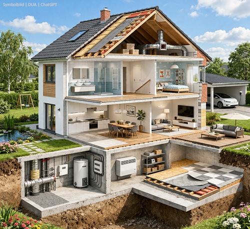 Haus im Querschnitt mit potentiellen Asbest-Gefahren