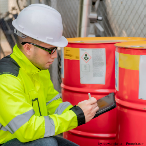 Gefahrstoffbeauftragter macht sich Notizen vor einem Lagerort von Gefahrstoffen.
