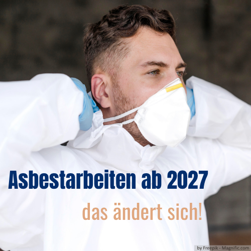 Ein Mann der sich seine Asbestschutzmaske anzieht.