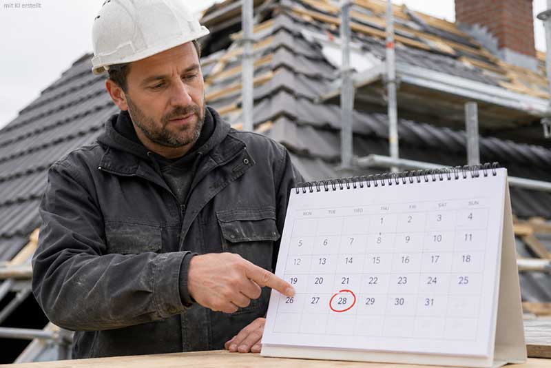 Mann auf dem Bau mit Kalender der vor ihm steht
