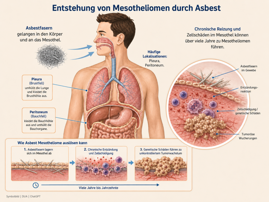 Schematische Darstellung eines durch Asbest entstandenen Mesothelioms