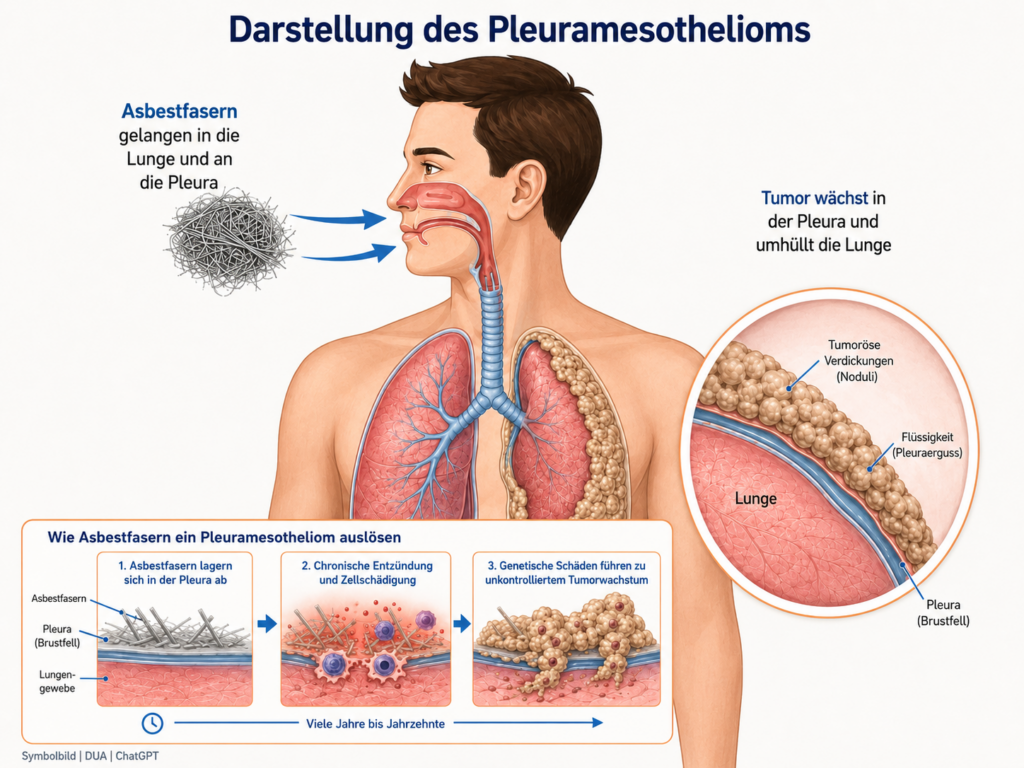 Schematische Darstellung eines durch Asbest entstandenen Pleuramesothelioms