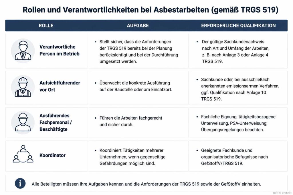 Überblickstabelle der Rollen- und Aufgabenverteilung bei Asbestarbeiten