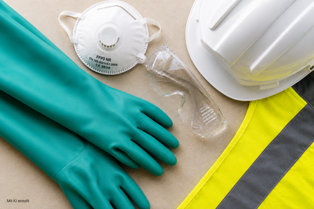 Persönliche Schutzausrüstung mit grünen Chemikalienschutzhandschuhen, FFP3-Maske, Schutzbrille, Helm und Warnweste