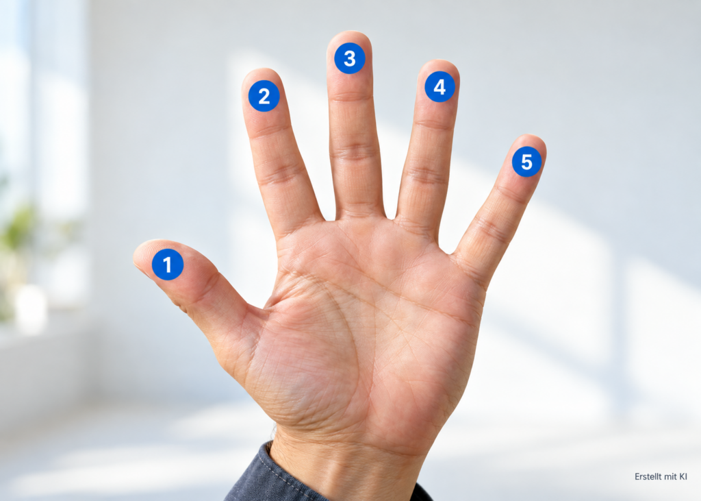 Hand mit nummerierten Fingern von 1 bis 5 als Merkhilfe für die 5 Sicherheitsregeln der Elektrotechnik.