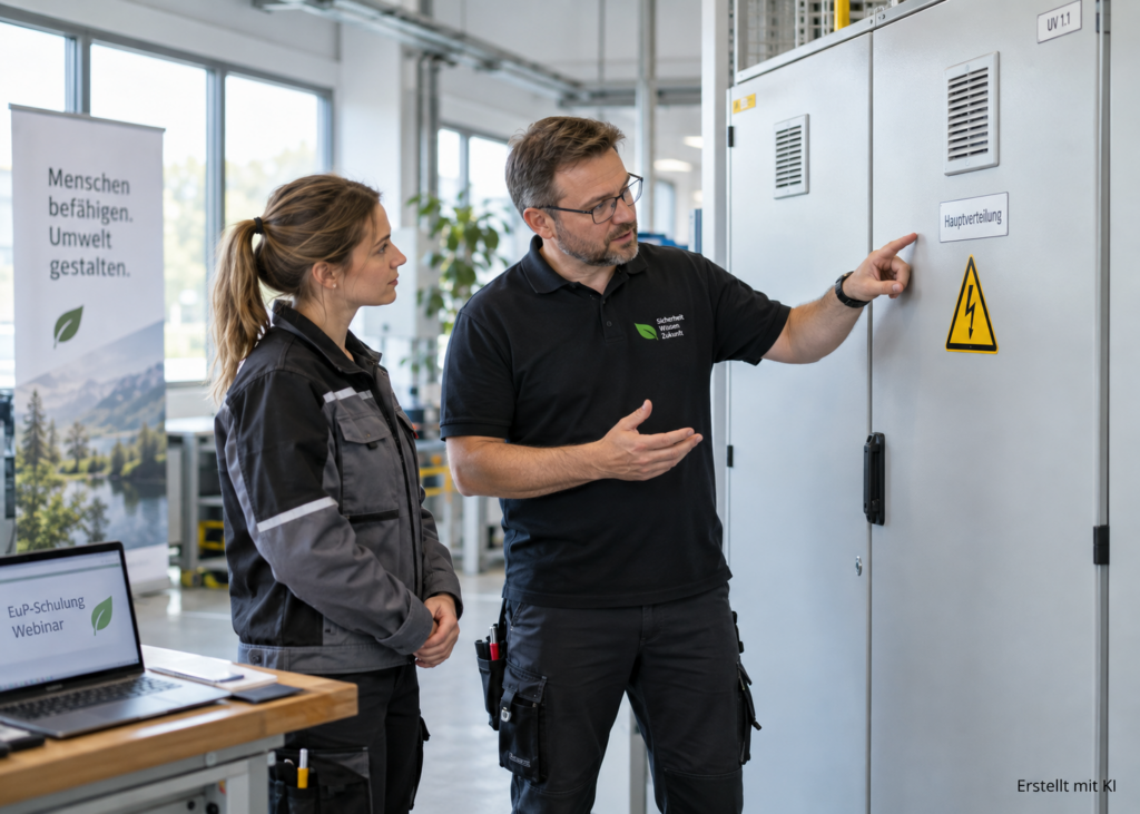EuP Schulung mit fachlicher Unterweisung eines Mitarbeiters an einem elektrischen Schaltschrank.