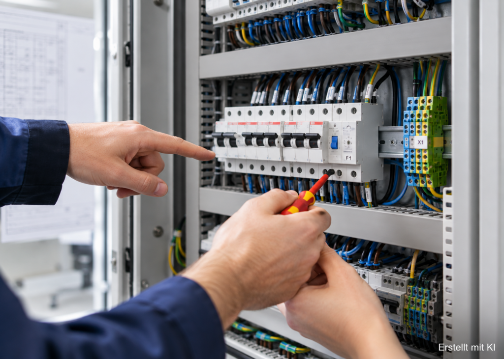EuP und EFK arbeiten gemeinsam an einer elektrischen Anlage, wobei die EFK die Tätigkeit fachlich anleitet.