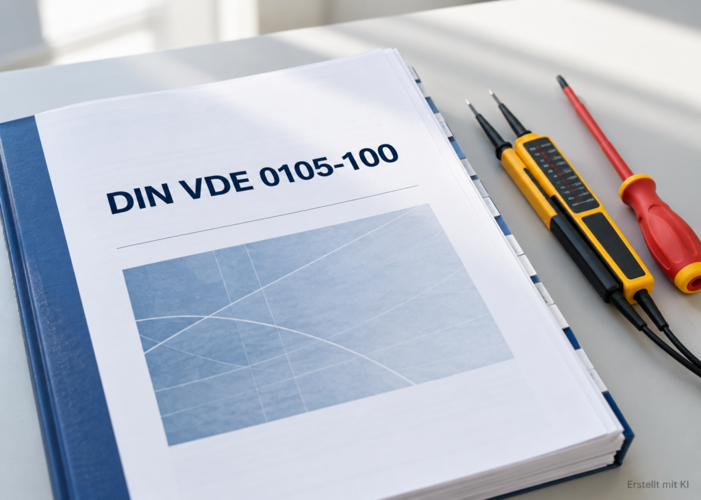 DIN VDE 0105-100 mit technischem Regelwerk und Werkzeug für sicheres Arbeiten an elektrischen Anlagen.