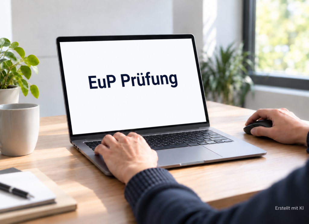 EuP Prüfung am Laptop in einer hellen, professionellen Lernumgebung.