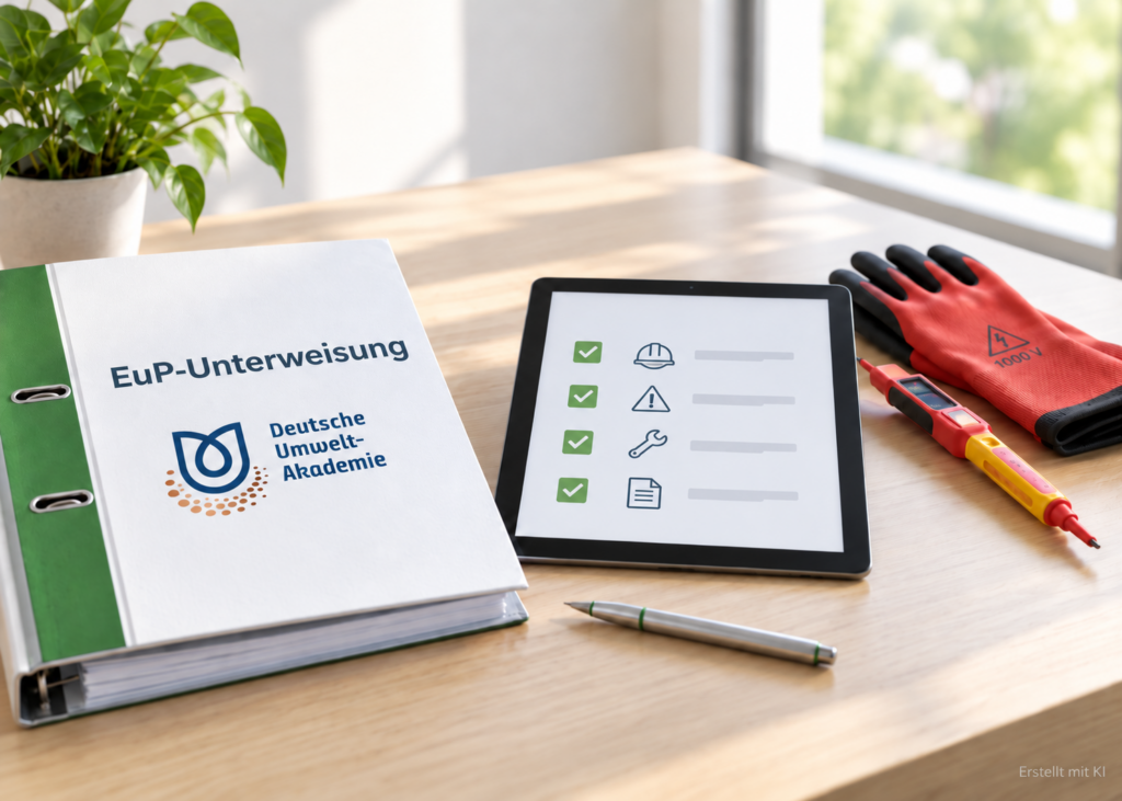 EuP Unterweisung mit Schulungsordner, Sicherheits-Checkliste und elektrotechnischen Arbeitsmitteln.