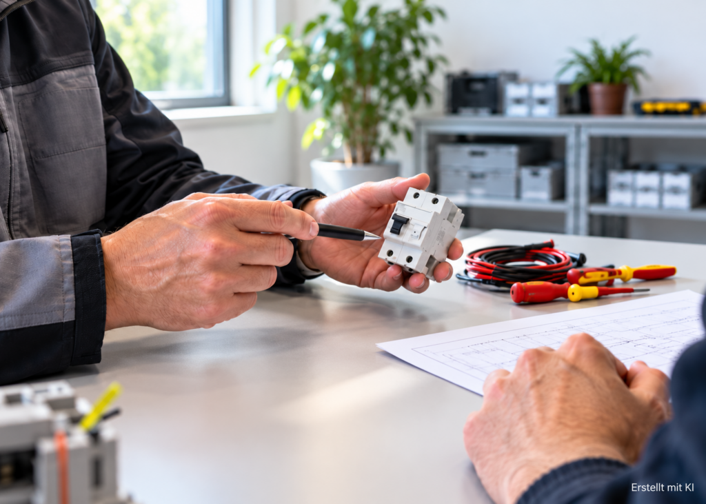 EuP einarbeiten: Elektrofachkraft erklärt anhand eines Schutzschalters einen sicheren Arbeitsablauf.