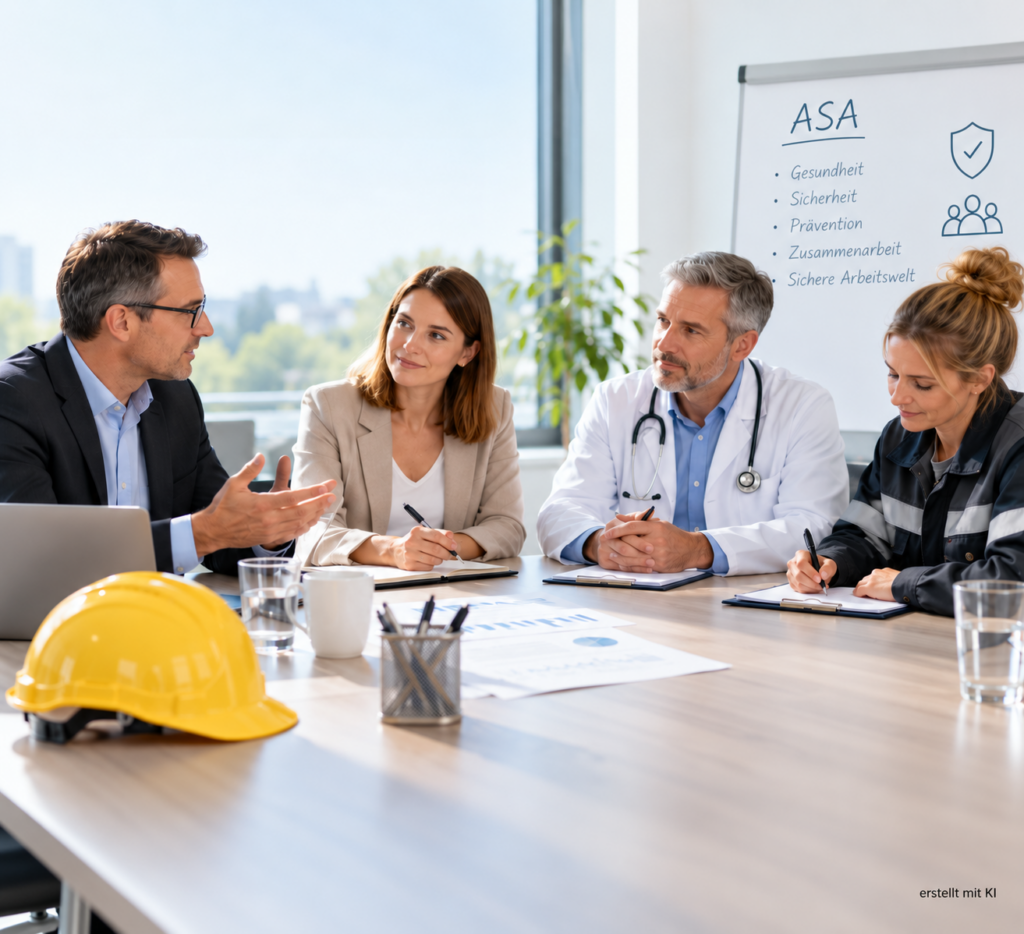 4 Personen sitzen zusammen an einem Tisch und besprechen sich bzgl. Arbeitssicherheit.