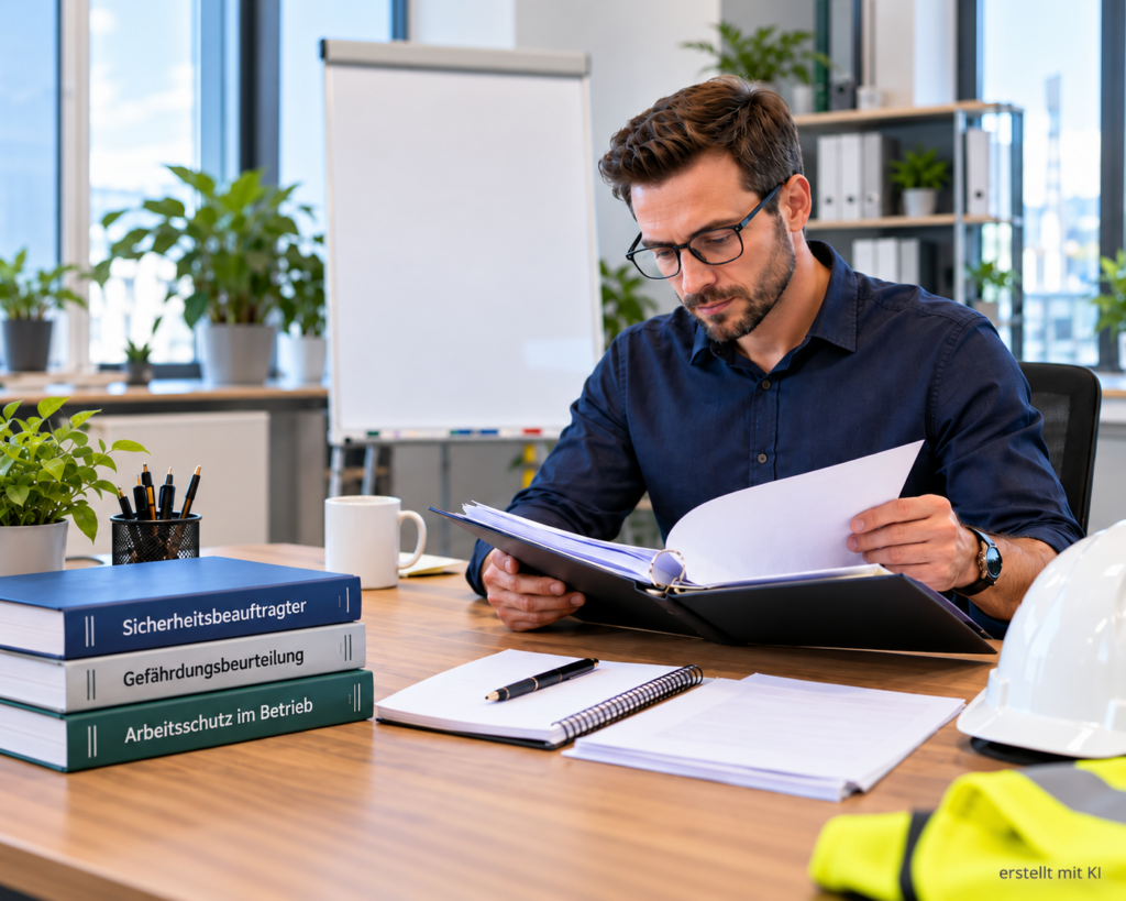Mann liest in einem Heft und sitzt dabei an einem Schreibtisch im Büro