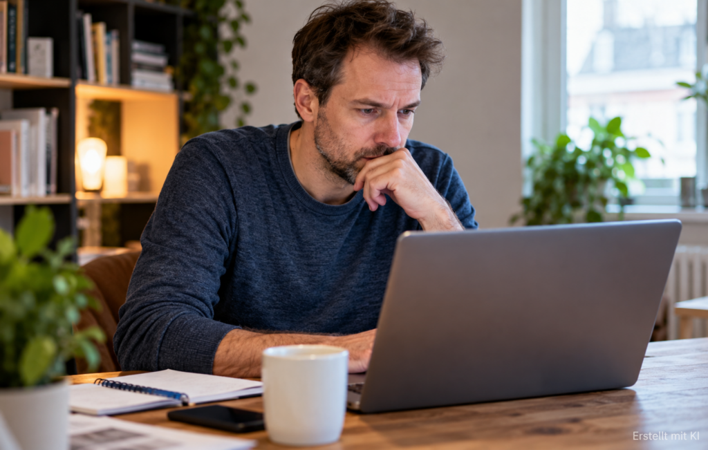 Mann sietzt vor Laptop und liest konzentriert etwas.