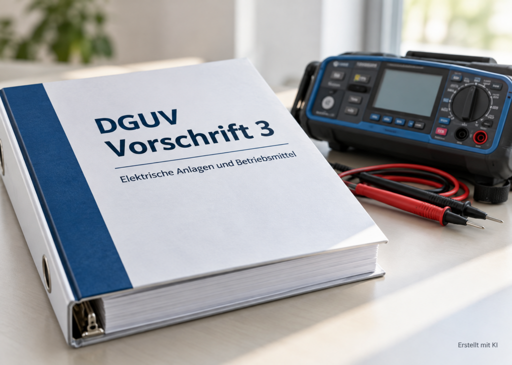 DGUV V3 einfach erklärt: Vorschriftenmappe und elektrisches Prüfgerät zur Veranschaulichung der Prüfpflichten.