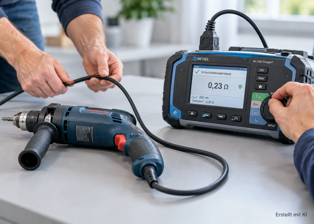 Darf eine EuP ortsveränderliche Geräte prüfen? Hände kontrollieren eine Bohrmaschine mithilfe eines elektrischen Prüfgeräts.
