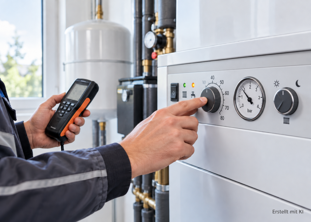 Hausmeister kontrolliert eine Heizungsanlage und überprüft deren Einstellungen im Technikraum.