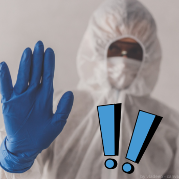 Mann im Schutzanzug mit erhobener Hand als Warnung.